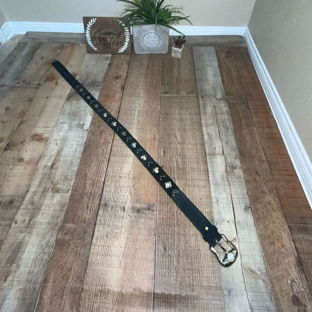 Black leather flower studded belt